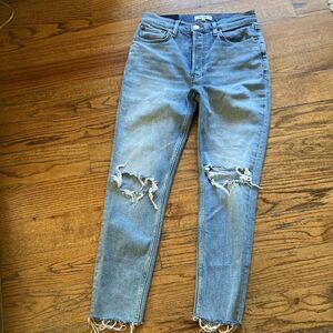Redone Originals 90’s High Rise Crop Button Fly Destroyed Frayed Hem Jeans Sz 28